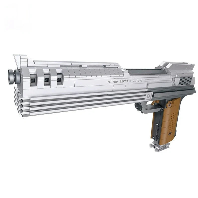 Children's toy gun model with small particle building blocks in colour box packaging