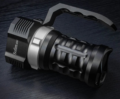 Aluminium alloy diving torch showing 18cm length with 350+ lumen output and waterproof construction