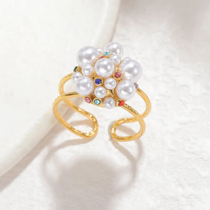Women's stainless steel open mouth ring with pearl zircon detailing in round and heart-shaped style options