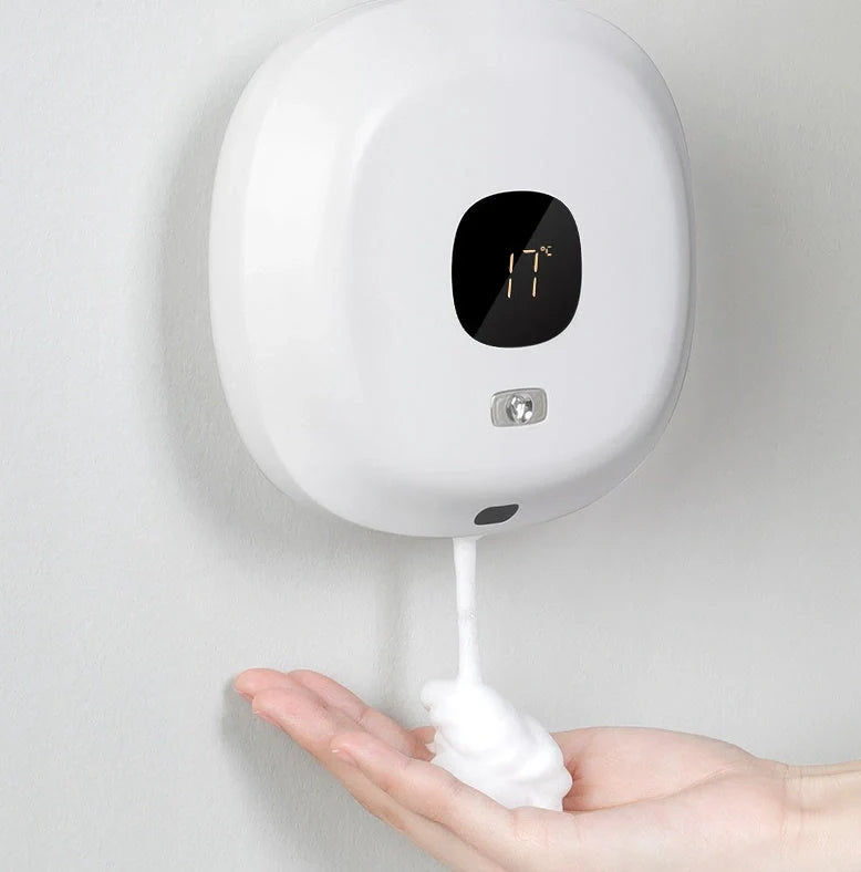 Smart Sensor Wall-Mounted Soap Dispenser in white and blue with USB charging
