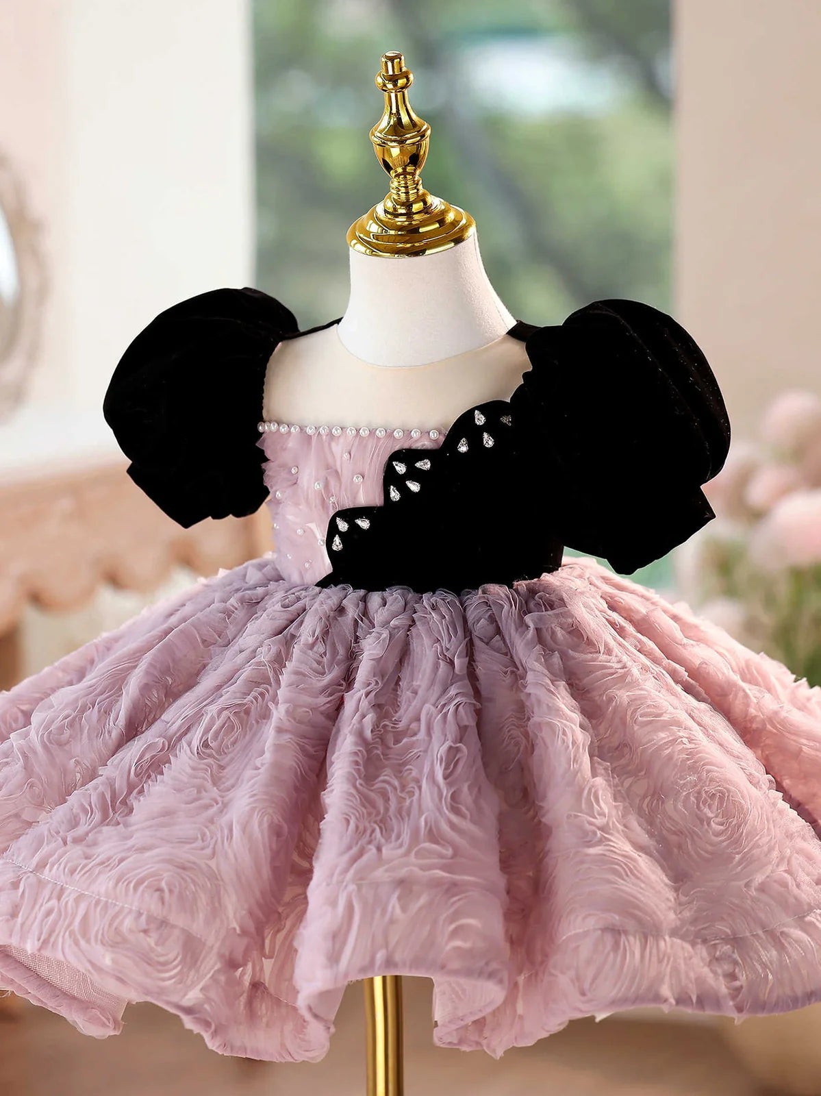 Girls' pink purple formal dress for piano performances with slim fit and round neck