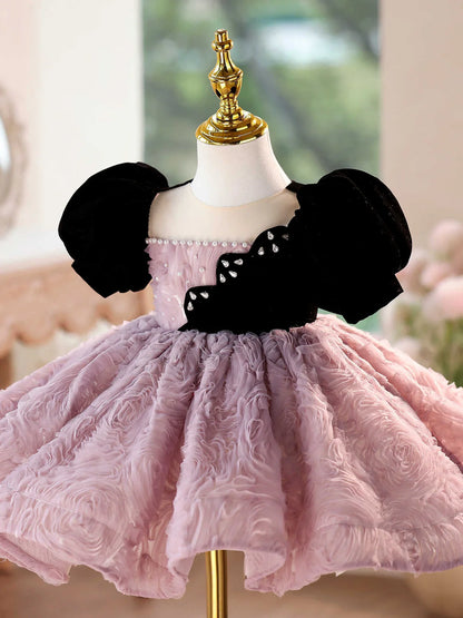 Girls' pink purple formal dress for piano performances with slim fit and round neck