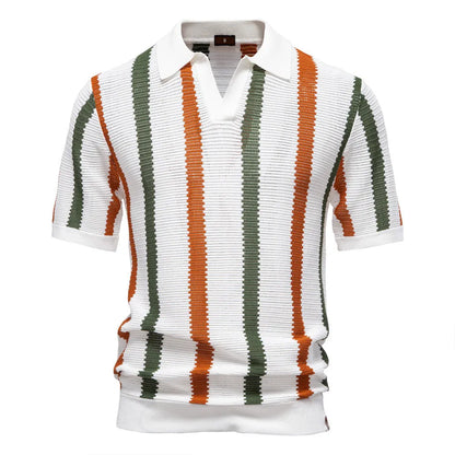 Men's breathable hollow fabric short-sleeved polo shirt with stripes in light blue colour.