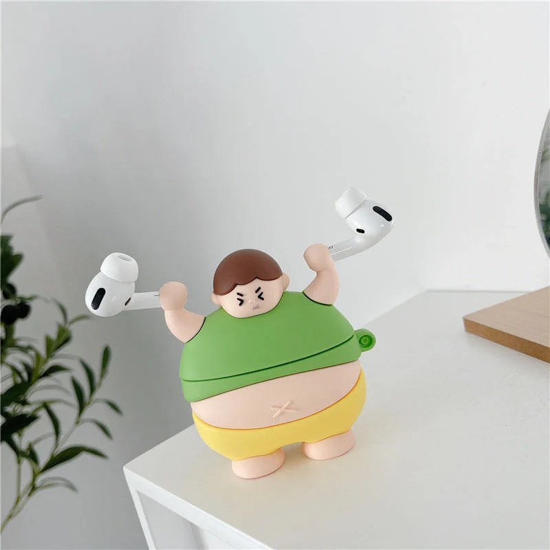 3D Cute Little Fat Man Lifting Weights Silicone Case for AirPods Pro in green and blue