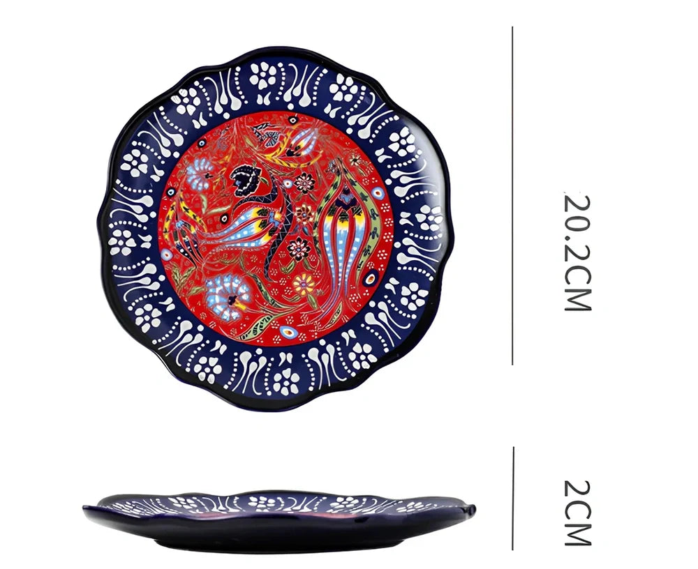 Underglaze ceramic bowl with Bohemian floral pattern in blue mandarin duck design, 8 inch diameter