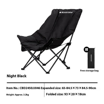 Night black Oxford cloth moon style folding camping chair with curved backrest in open position