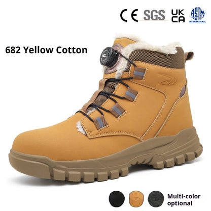 Black lightweight labour protection shoes with leather upper and rubber sole, showing anti-smash and anti-puncture design.