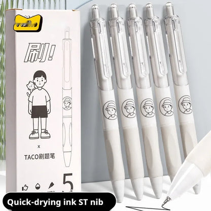 Five Taco series 0.5mm black ballpoint pens with quick-drying ink, plastic shells, suitable for exams and documents