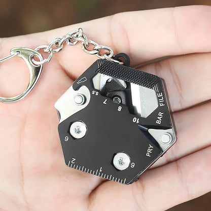 Black multifunctional hexagon keychain knife, 38mm x 13mm stainless steel tool with 2cm blade and key ring
