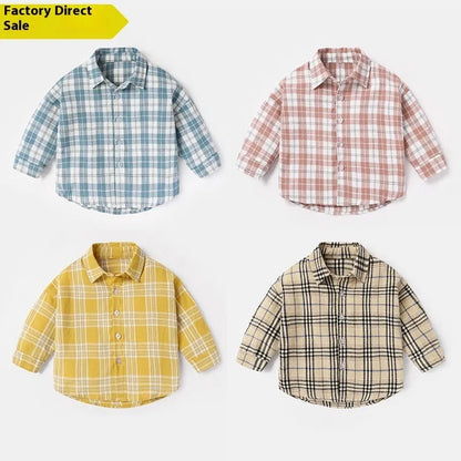 Boys' long sleeve cotton shirt with lattice animal print in light blue, sizes based on child height.