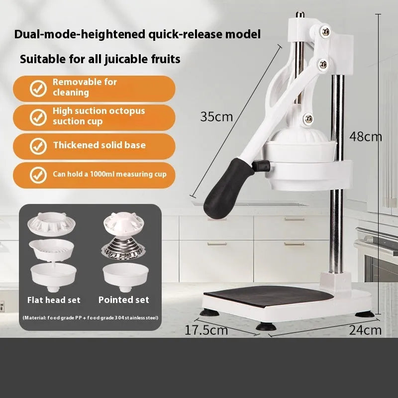 Manual orange juice juicer with stainless steel construction showing 480cm height and disassembled components