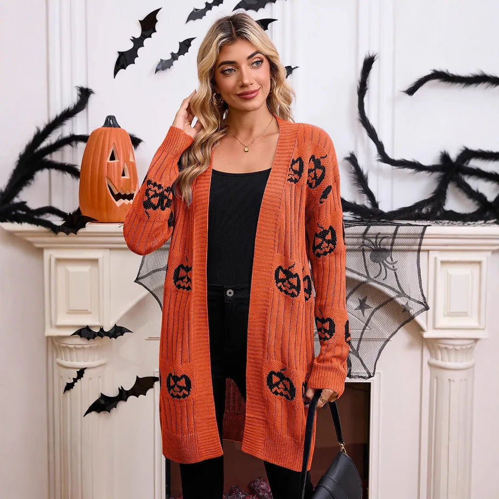 Women's black pumpkin head jacquard knitted cardigan with regular sleeves and straight cut