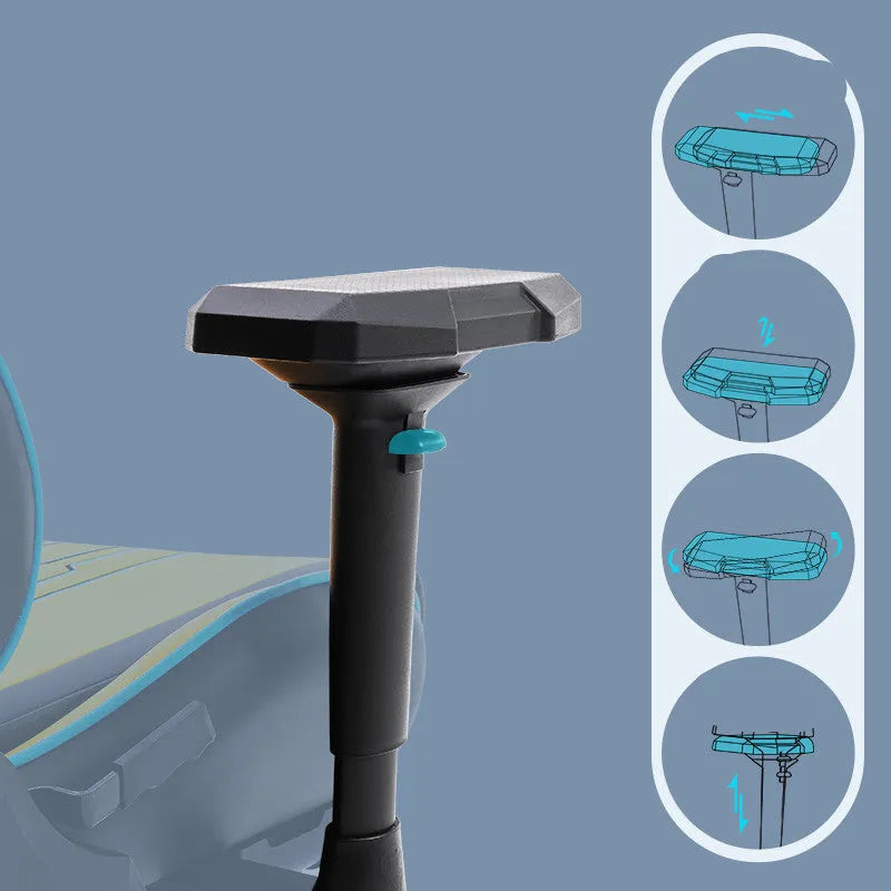 Men's gaming chair with metal skeleton frame and high resilience foam internal filling, featuring 4D lifting and rotating handrails with rotating, lifting and recumbent functions, available in black, grey or yellow colour options