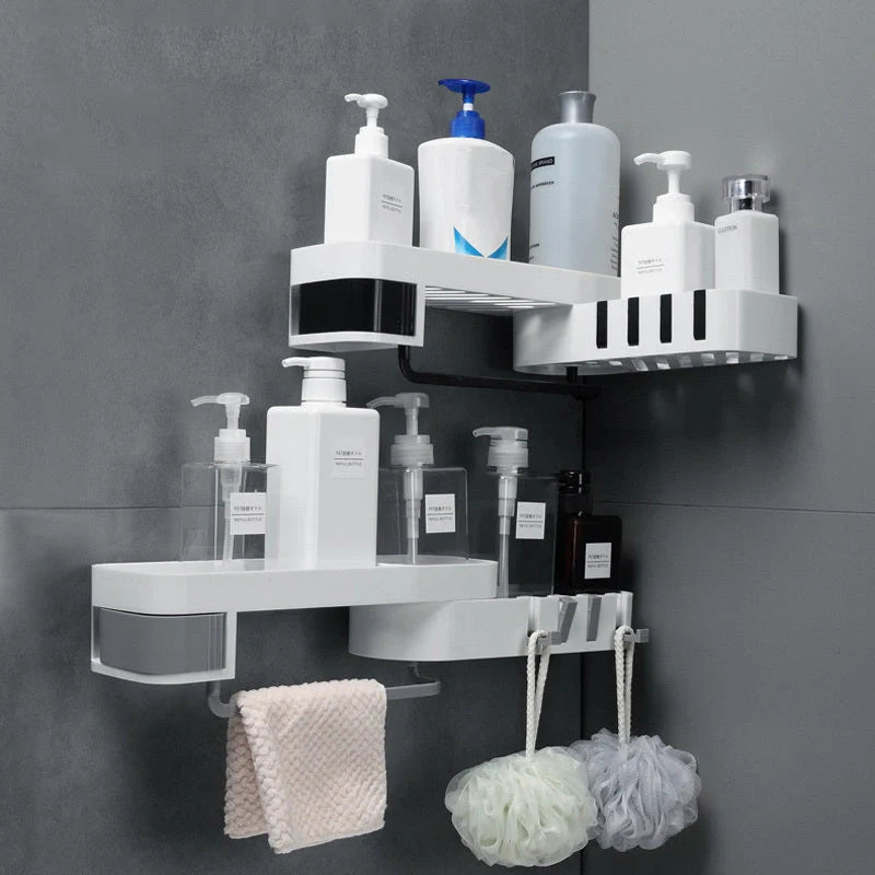 Double-layer wall-mounted storage shelf in black and grey, showing rotating feature and compartments