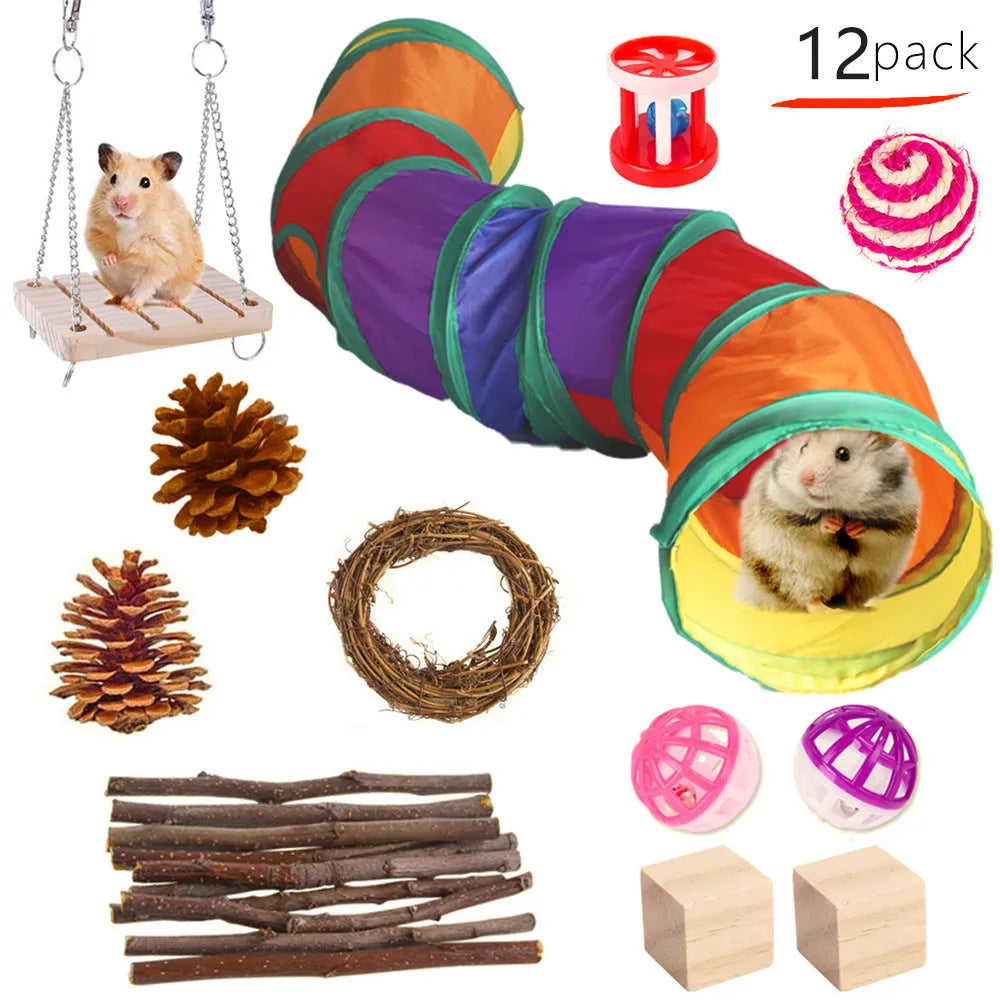 Assortment of wooden and natural fibre chew toys for small pets including balls, rings and woven shapes.