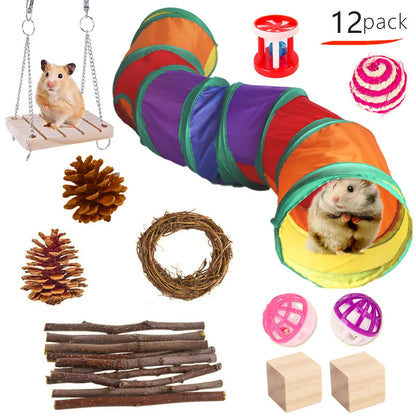 Assortment of wooden and natural fibre chew toys for small pets including balls, rings and woven shapes.