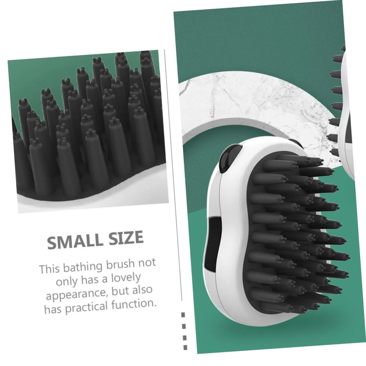 Black and white pet bath brush and grooming comb for cats, dogs, and puppies, plastic hair removal and cleaning tool.