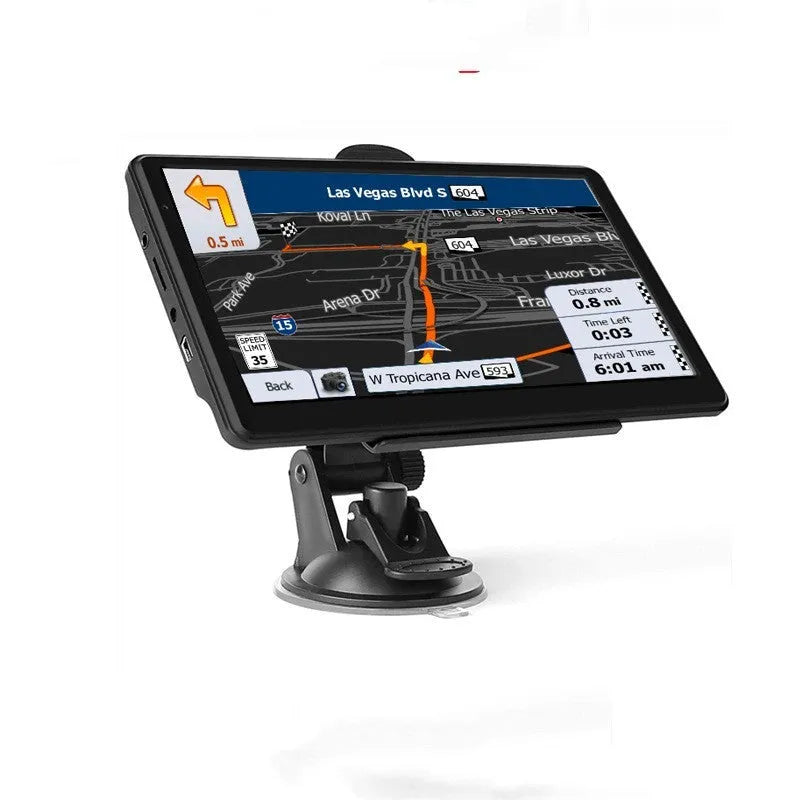 7-inch portable car GPS navigator with suction cup mount on a windscreen, showing a map on its HD touchscreen.