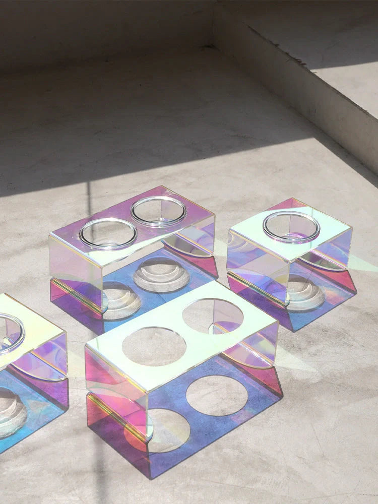 Dazzling holographic acrylic pet bowl for small dogs and cats with anti-slip base