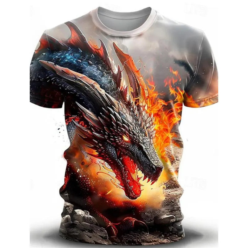 Men's grey T-shirt with a large blue and white 3D wind dragon printed design on the front.