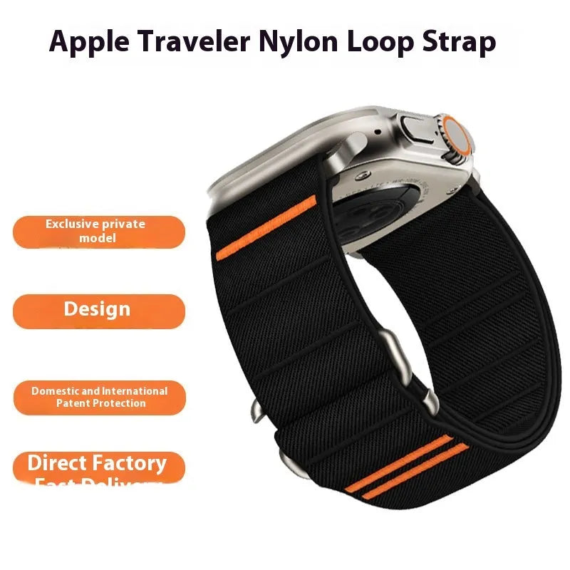 Elastic nylon Apple Watch band in Army Green with stainless steel buckle, shown on a wrist.