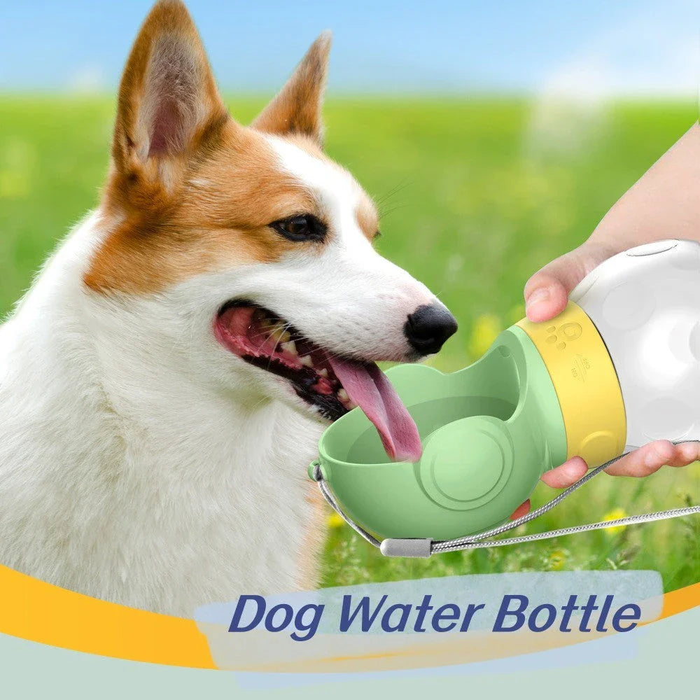 Portable, leak-proof pet water bottle and food bowl for hydrating and feeding pets during outdoor adventures