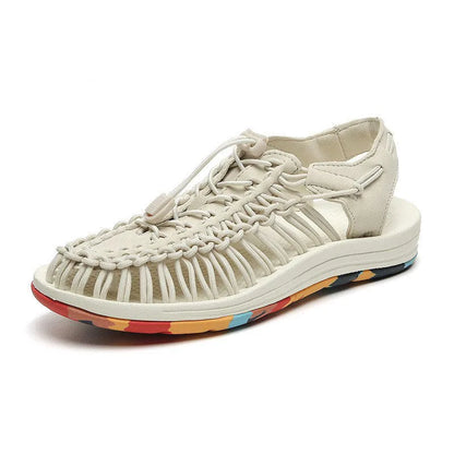 Fashion woven sandals with elastic drawstring tie closure and rubber sole in rainbow colour