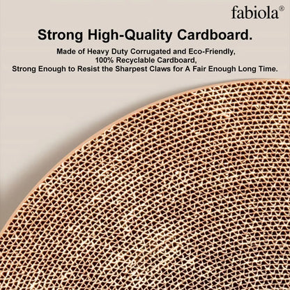Green cat scratching board with 45cm diameter, high-density cardboard, and integrated ball toys for indoor cats