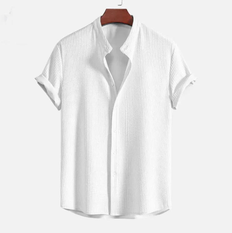 Men's loose short sleeve shirt in polyester, available in colours like wine red and navy blue, sizes S to 4XL