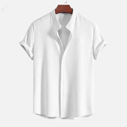 Men's loose short sleeve shirt in polyester, available in colours like wine red and navy blue, sizes S to 4XL