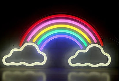 LED neon decorative light with acrylic back panel showing USB power connection and multiple design options