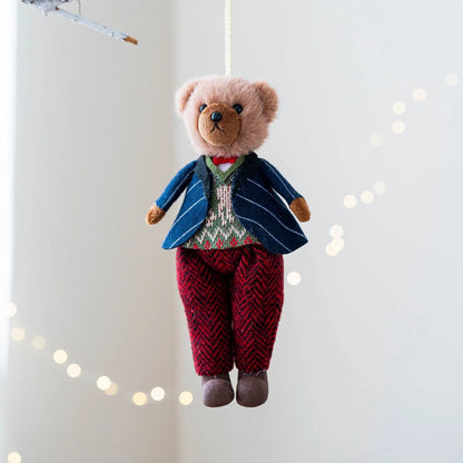 A cartoon-style plush bear doll in a cloth suit plaid design, shown in gentleman bear and princess bear variants.