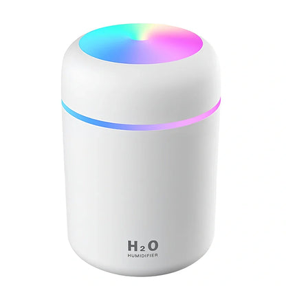 Car USB humidifier with colourful lights and 300ml water tank showing spray operation