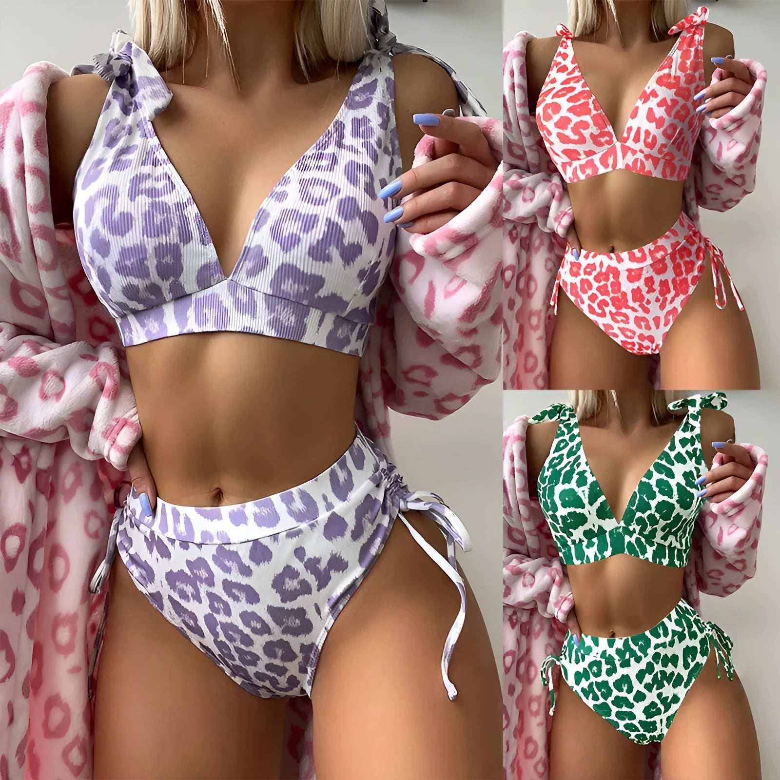 Women's purple leopard print lace-up top and high-waist shorts two-piece suit set