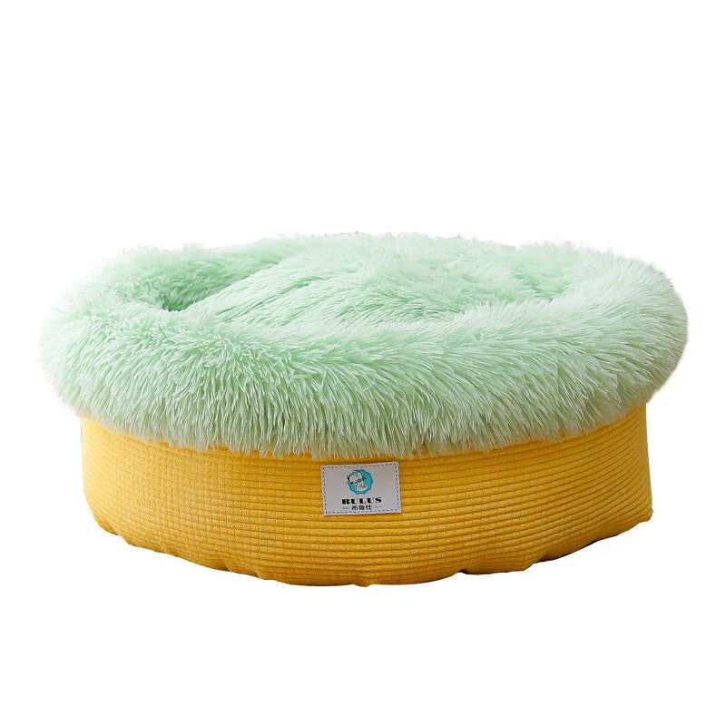 Cozy and comfortable plush pet nest in a round, pineapple-inspired design for deep, undisturbed sleep