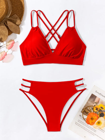 Women's V-neck halter bikini swimsuit with split shorts in nylon fabric