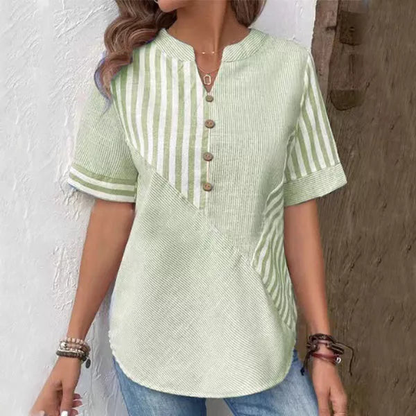 Women's summer V-neck short-sleeved shirt with asymmetric stripes patchwork design in light blue, pink, or light green