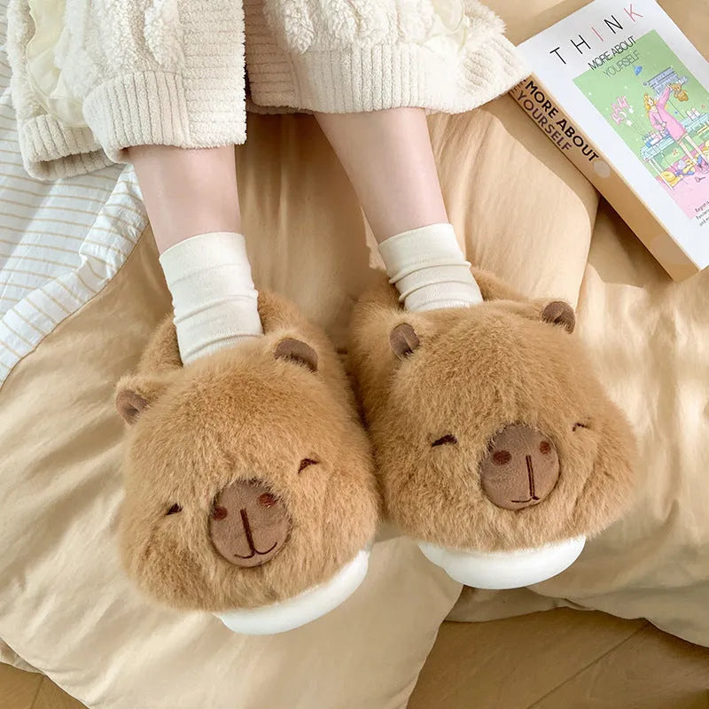 Women's winter slippers, plush upper cotton-lined home shoes, extra thick sole with cartoon pattern, available in light brown and sizes 36-41, ideal for cold weather lounging and as a gift