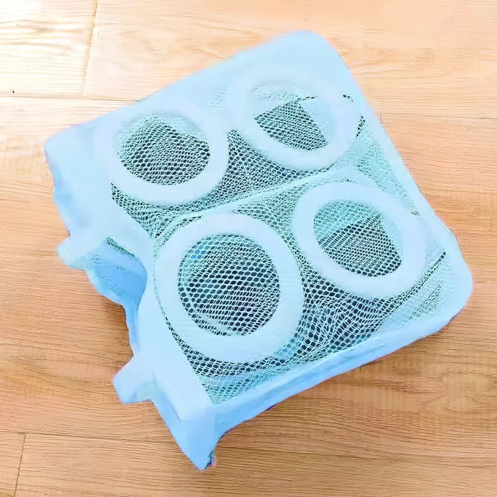 Blue round mesh shoe washing bag with 8mm foam layer and hidden zipper for machine protection, 35cm size