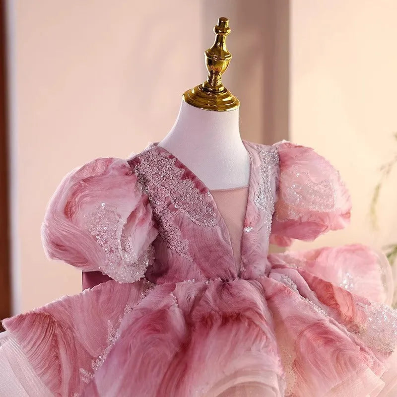 Girls pink polyester princess dress for weddings and performances, sizes 80cm to 150cm.