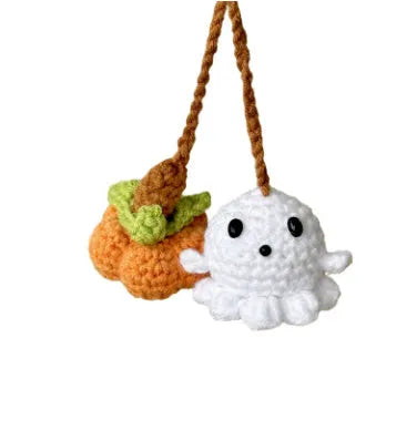 Soft, hand-woven plush car hanging ornament in a cartoon character design.
