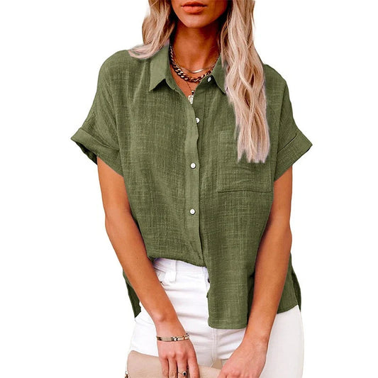 Women's casual cotton linen short-sleeved shirt with pocket in various colors