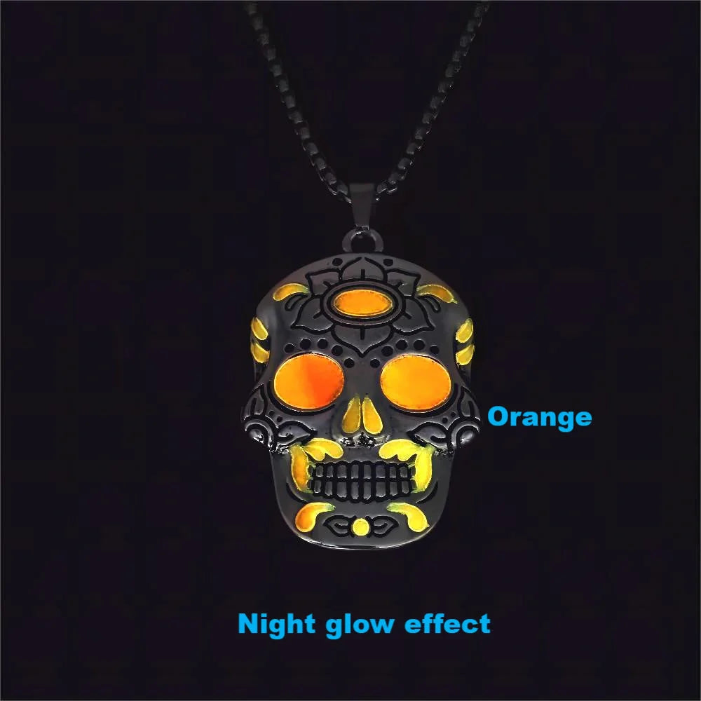 Glowing Halloween skull necklace with intricate Day of the Dead lotus pattern and vibrant color options