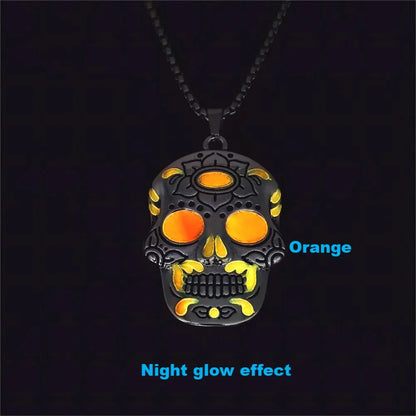 Glowing Halloween skull necklace with intricate Day of the Dead lotus pattern and vibrant color options