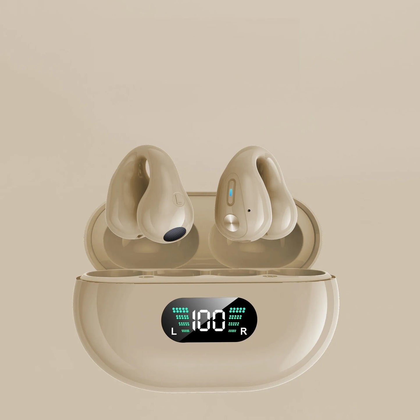 Bone conduction Bluetooth headset clip in black resting on ear with charging cable