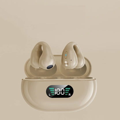 Bone conduction Bluetooth headset clip in black resting on ear with charging cable