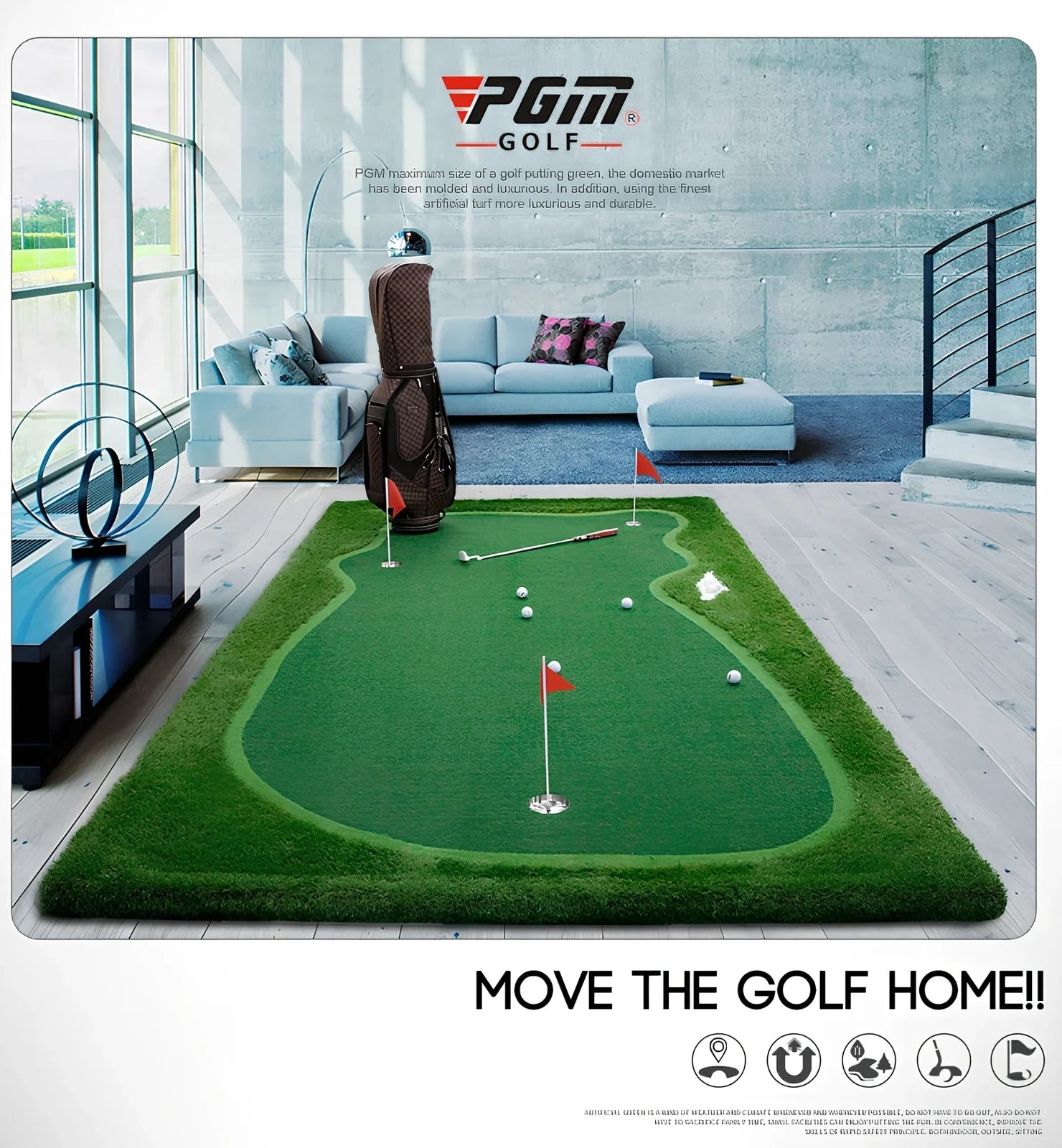 Green artificial turf putting mat measuring 1.5 by 3 metres for indoor golf practice