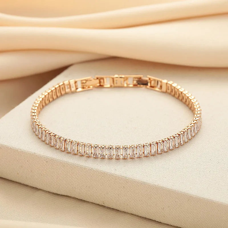 Rectangular geometric brass bracelet with inlaid zircon stones in champagne gold or silver colour