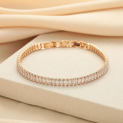 Rectangular geometric brass bracelet with inlaid zircon stones in champagne gold or silver colour