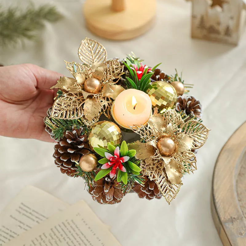 Christmas candlestick wreath with artificial pinecones and fake leaves for holiday decor